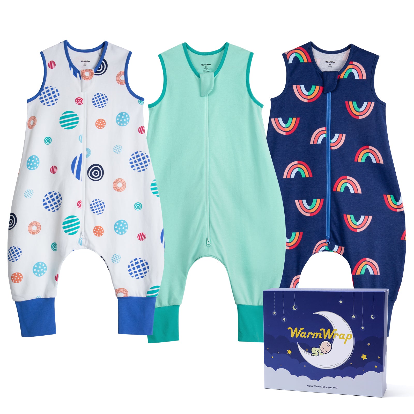 WarmWrap 3 Pack-0.5 Tog Lightweight Summer Toddler Sleep Sack with Feet 100% Cotton Breathable Sleep Sack with Legs 2-Way Zipper Wearable Blanket（Rainbow&dots&green）