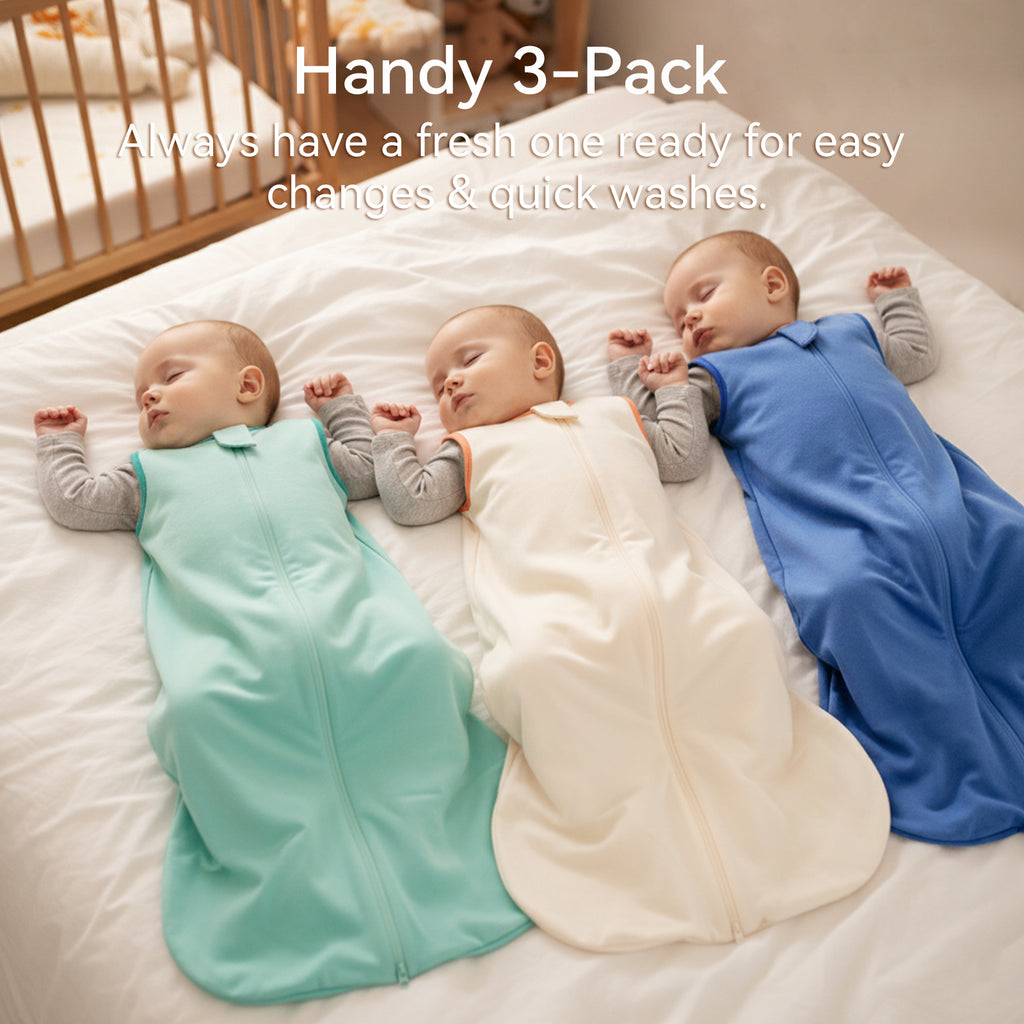 WarmWrap 3 Pack-Lightweight Baby Sleep Sack 100% Cotton Breathable Unisex Sleeping Bag 2-Way Zipper Baby Wearable Blanket 0.5 Tog（Green&blue&cream）