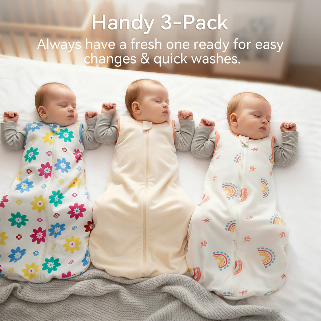 WarmWrap 3 Pack-Lightweight Baby Sleep Sack 100% Cotton Breathable Unisex Sleeping Bag 2-Way Zipper Baby Wearable Blanket 0.5 Tog（Daisy&rainbow&cream）