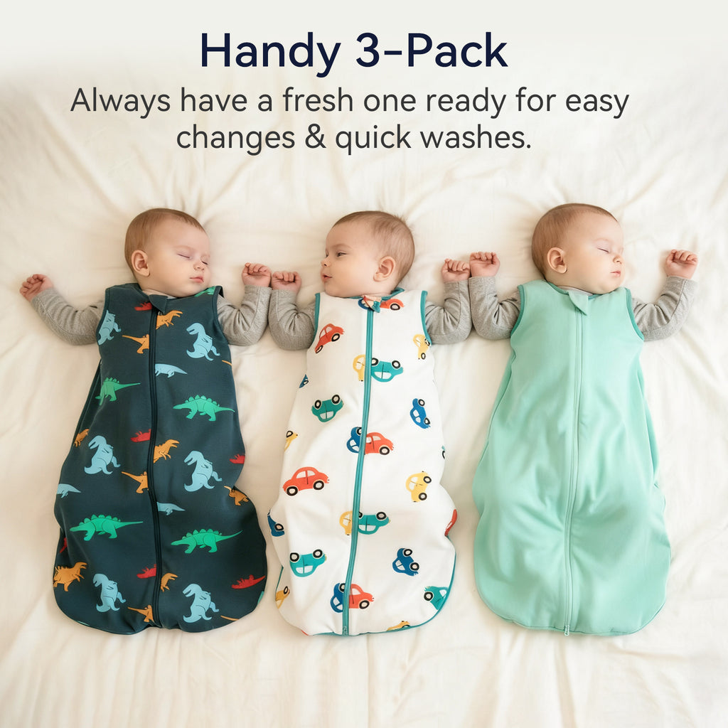 WarmWrap 3 Pack-Lightweight Baby Sleep Sack 100% Cotton Breathable Unisex Sleeping Bag 2-Way Zipper Baby Wearable Blanket 0.5 Tog（Dinos&cars&green）