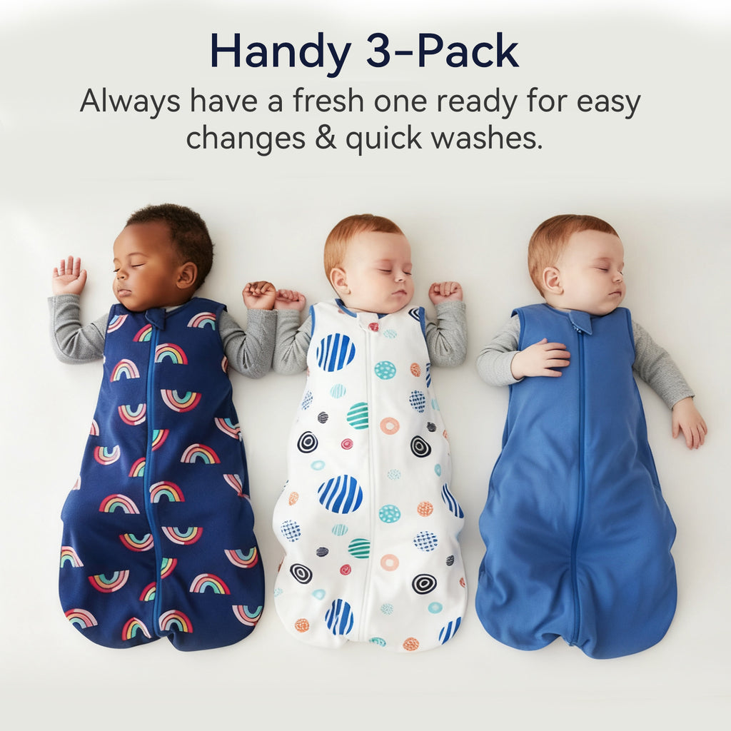 WarmWrap 3 Pack-Lightweight Baby Sleep Sack 100% Cotton Breathable Unisex Sleeping Bag 2-Way Zipper Baby Wearable Blanket 0.5 Tog（Rainbow&dots&blue）
