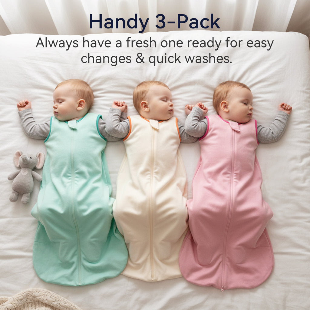 WarmWrap 3 Pack-Lightweight Baby Sleep Sack 100% Cotton Breathable Unisex Sleeping Bag 2-Way Zipper Baby Wearable Blanket 0.5 Tog（Pink&green&cream）