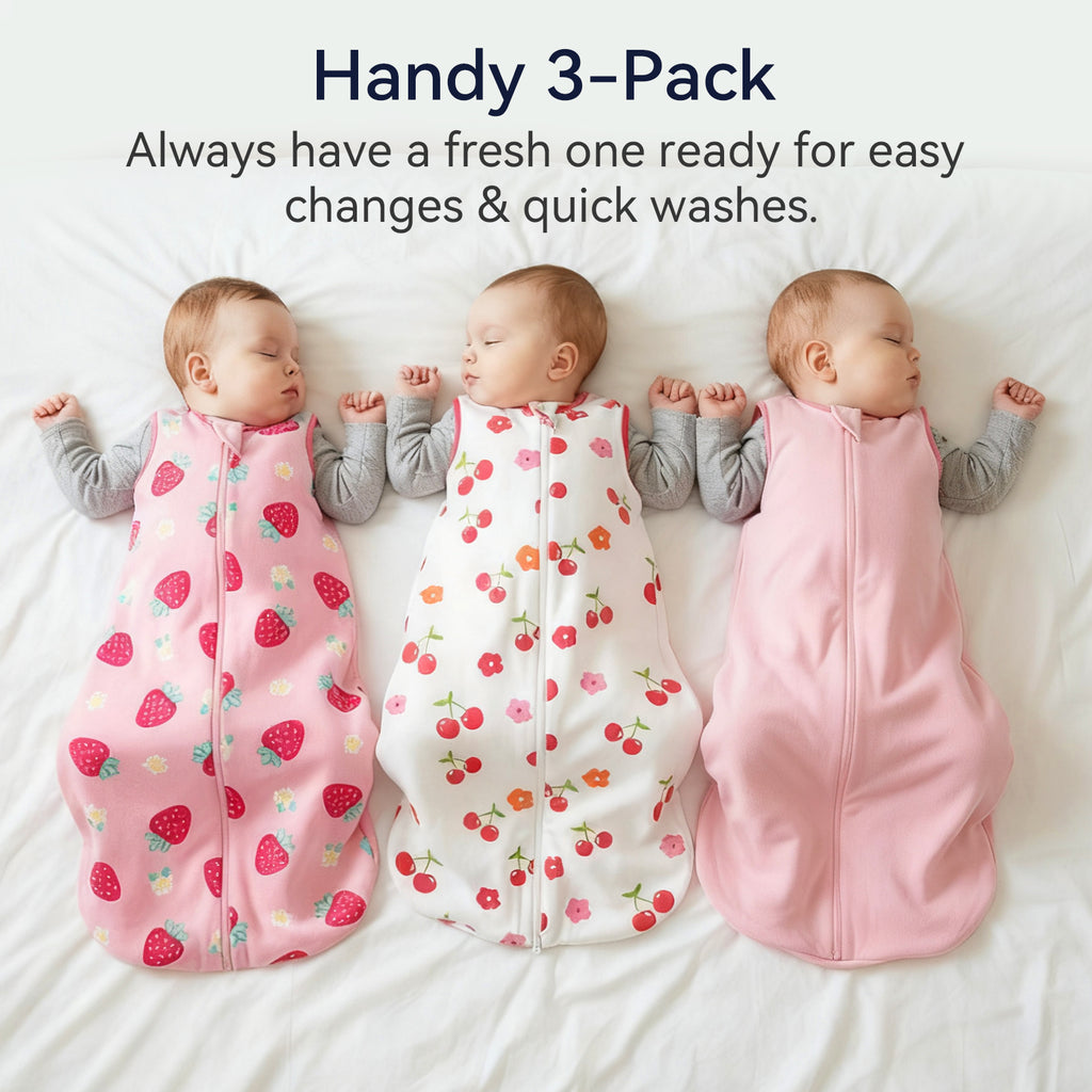 WarmWrap 3 Pack-Lightweight Baby Sleep Sack 100% Cotton Breathable Unisex Sleeping Bag 2-Way Zipper Baby Wearable Blanket 0.5 Tog（Straberry&cherry&pink）
