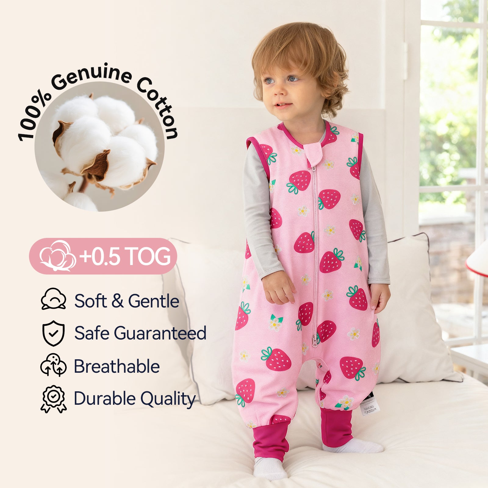 WarmWrap 3 Pack-0.5 Tog Lightweight Summer Toddler Sleep Sack with Feet 100% Cotton Breathable Sleep Sack with Legs 2-Way Zipper Wearable Blanket（Straberry&cherry&cream）